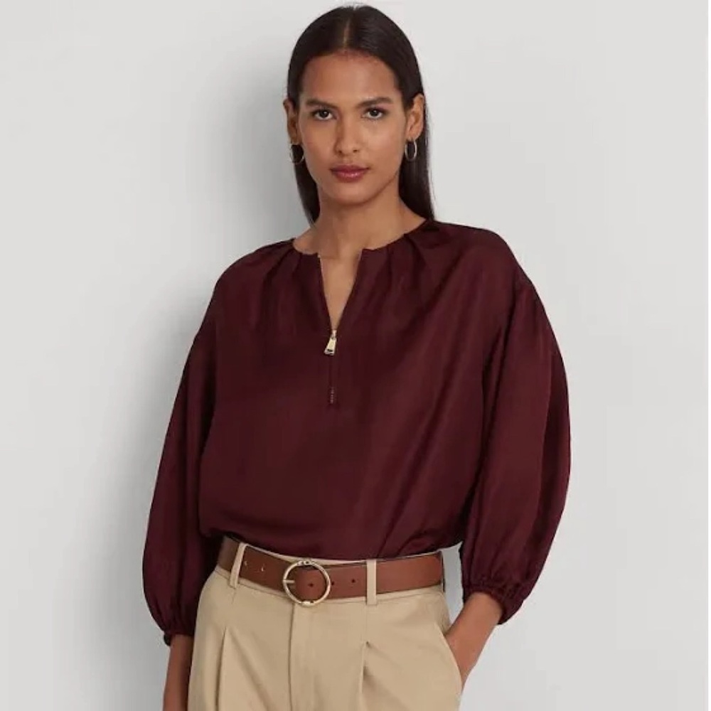 Ralph Lauren Shantung Blouson Sleeve Round Neck Quarter Zip Blouse Gold Zipper - Picture 1 of 8